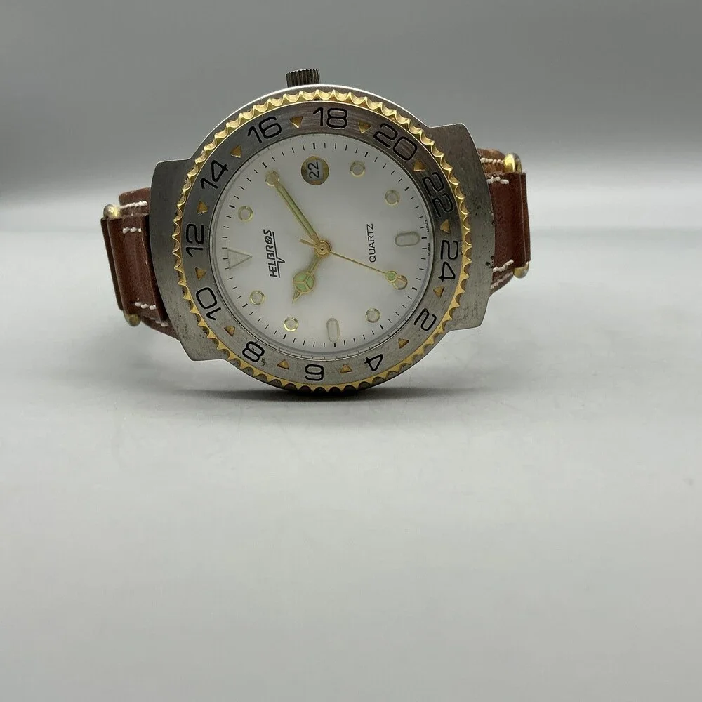 Vintage Helbros Mens Watch 37mm Leather Two Tone Bezel Date New Battery